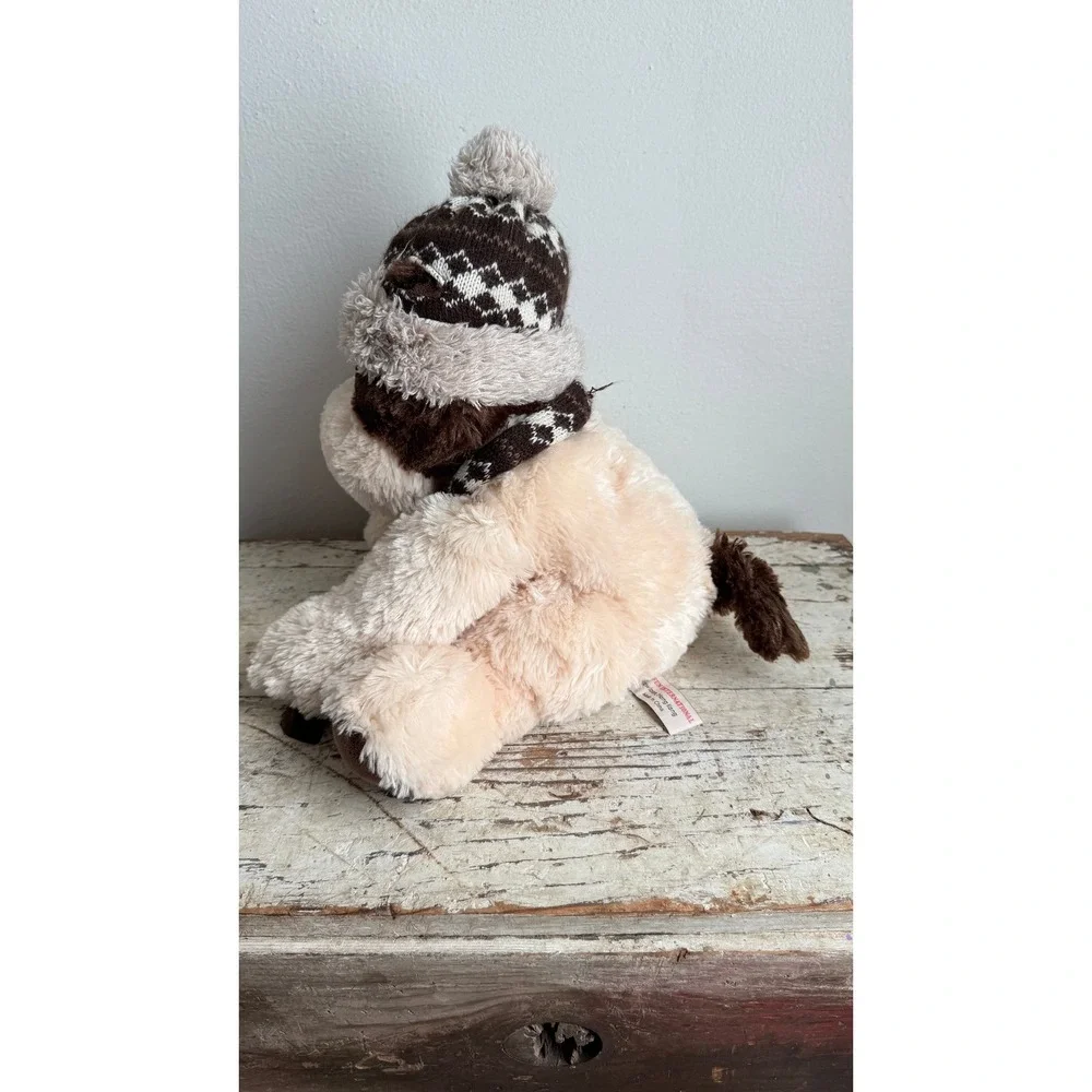 Hugfun International Winter Dog Plush Cream Brown Knit Hat Scarf Toy